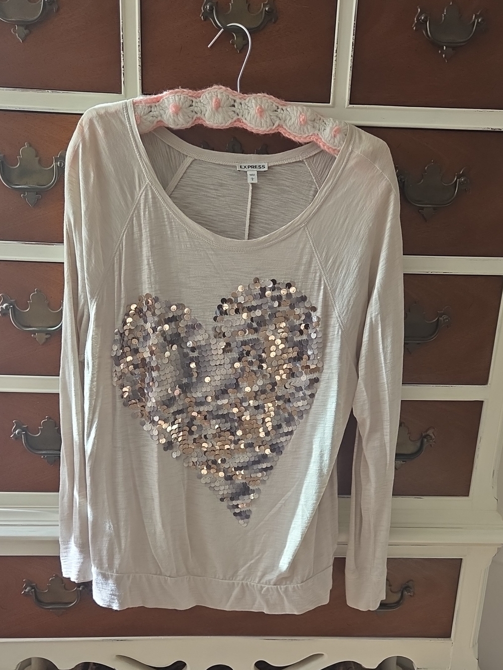 Express Women's Light Beige Sequin Heart Long Sleeve Top
